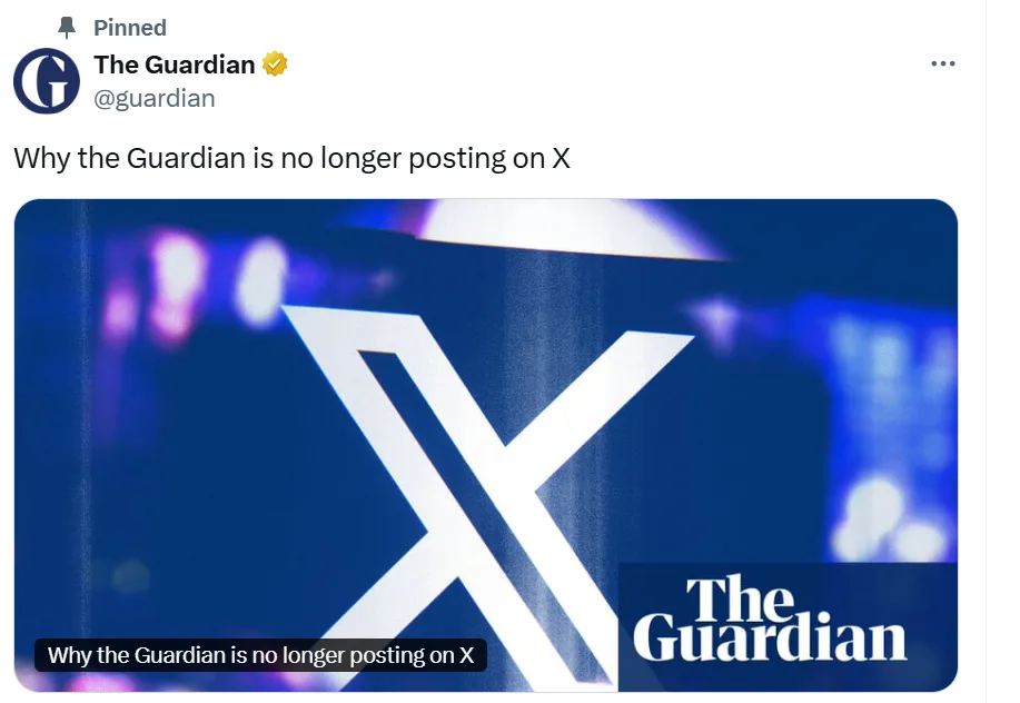 《衛報》宣布退出社群平台X。翻攝自X/guardian
