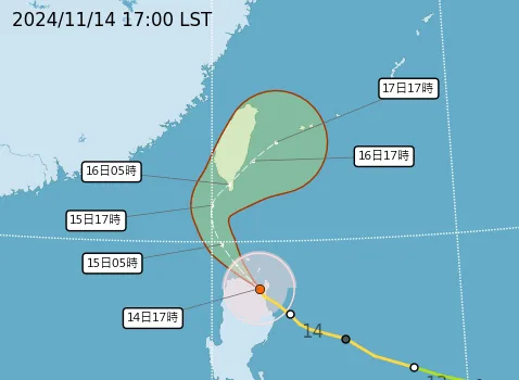 氣象署預測天兔颱風行進路徑圖。