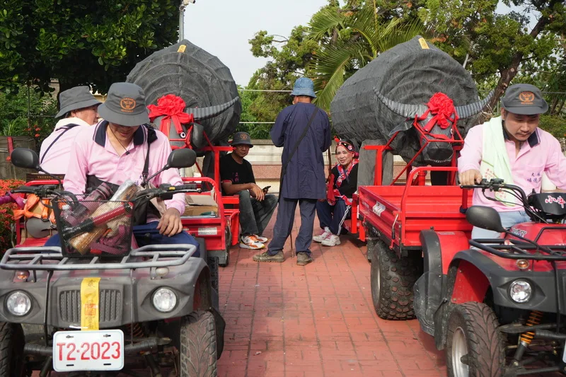 屏東南州鄉大埔社區居民13日在大埔福德宮前將金牛陣牛偶安上農用車，準備熱鬧出陣。中央社