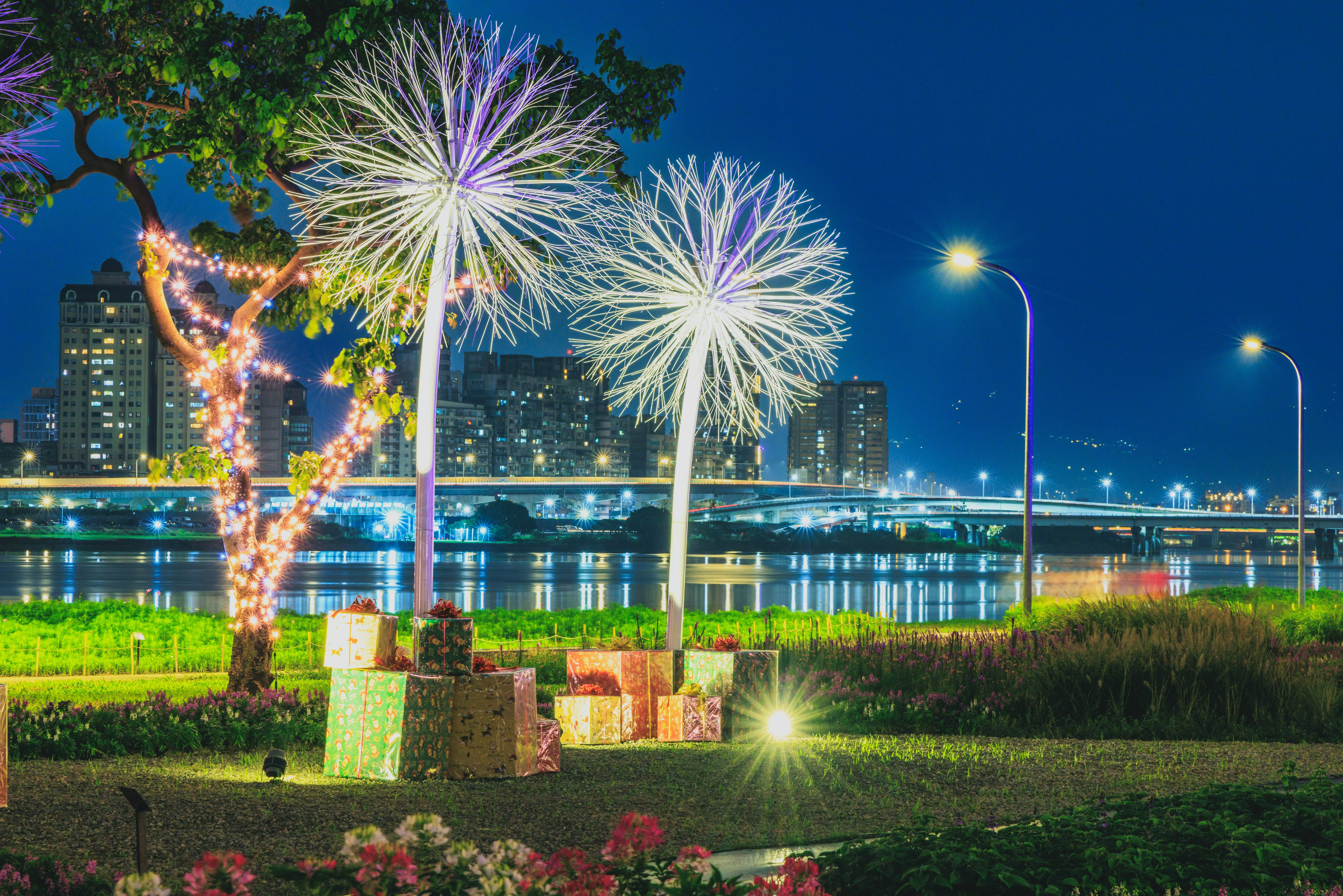 延平河濱花海,蒲公英燈夜景浪漫爆表。台北市政府提供