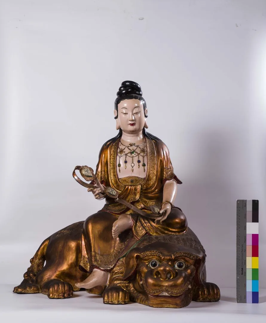 苗栗獅山饒益院三大士與二護法生漆脫胎五尊像-文殊菩薩神像。苗縣府提供