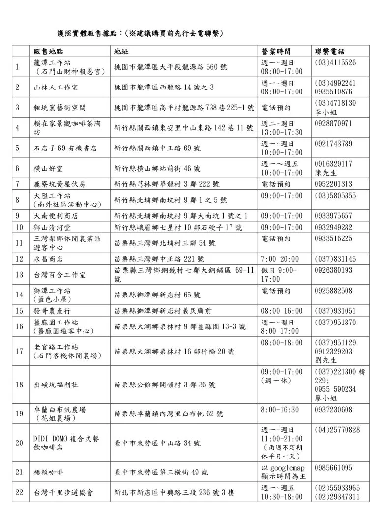 樟之細路集章護照實體販售據點。台灣千里步道協會提供