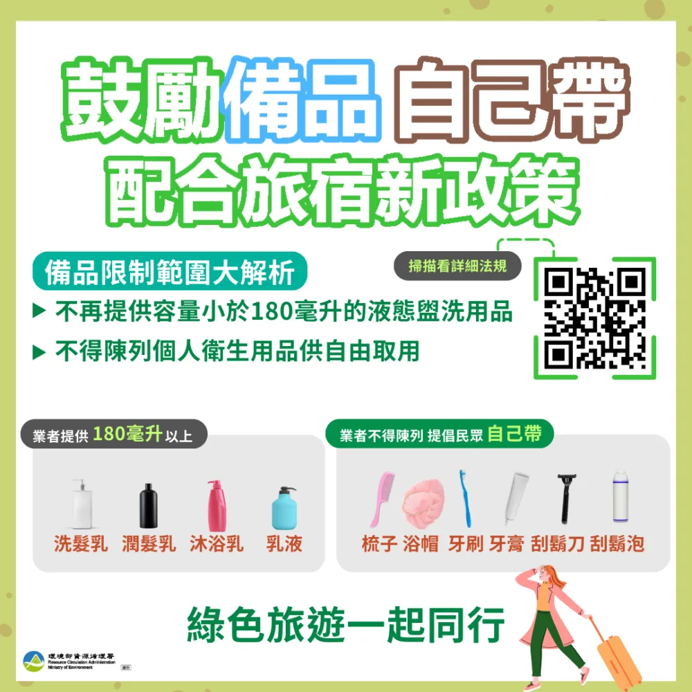 環境部鼓勵備品自己帶，配合旅宿新政策。環境部提供