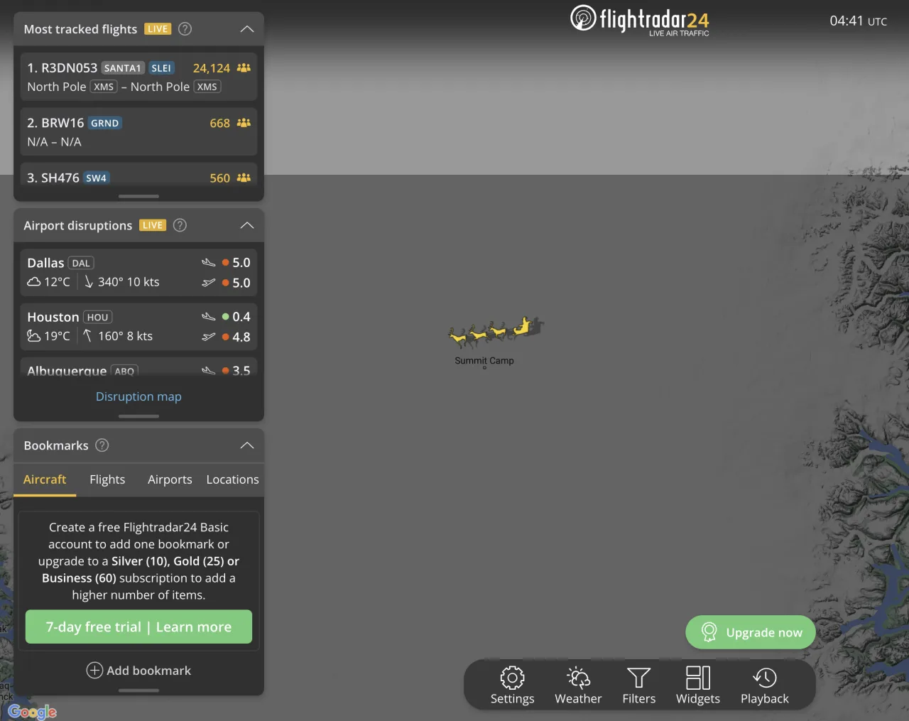 耶誕老人飛行器航班號碼為SANTA1。翻攝自Flightradar24