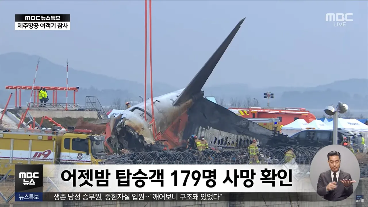 29日上午九時出頭,濟州航空波音737衝出跑道撞擊牆面起火燃燒,造成179死2傷。翻攝https://www.youtube.com/watch?v=EEhZb8Q1IaM