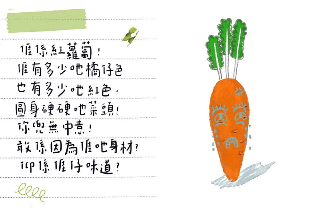 台北市溪山實驗國小附幼的作品「菜菜同你講」,以客語發展教案,製作生動趣味的繪本,向幼生介紹日常所吃的蔬菜,進而瞭解營養均衡及多樣性食物攝取的重要性。教育部提供