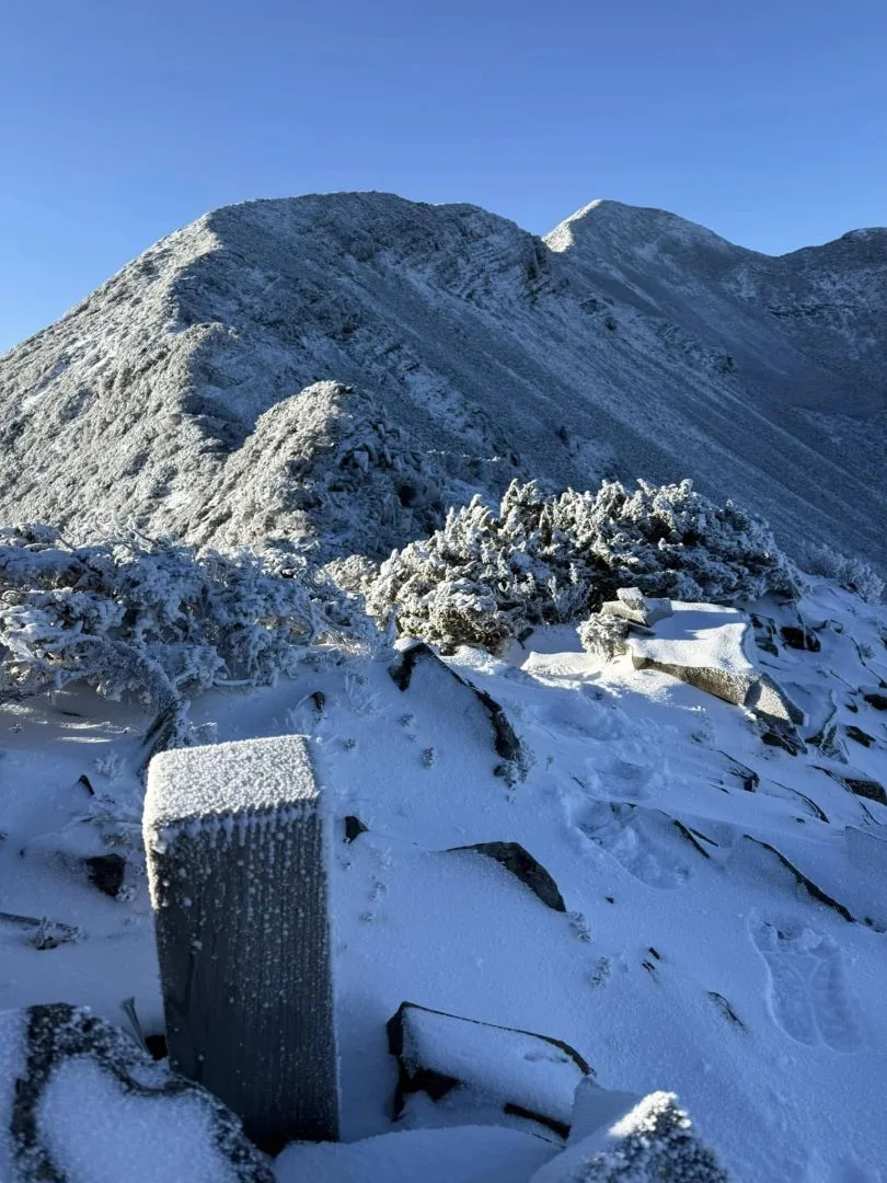 雪霸喜迎2025年首場雪，山友征服主峰讚銀白世界。楊睿安提供