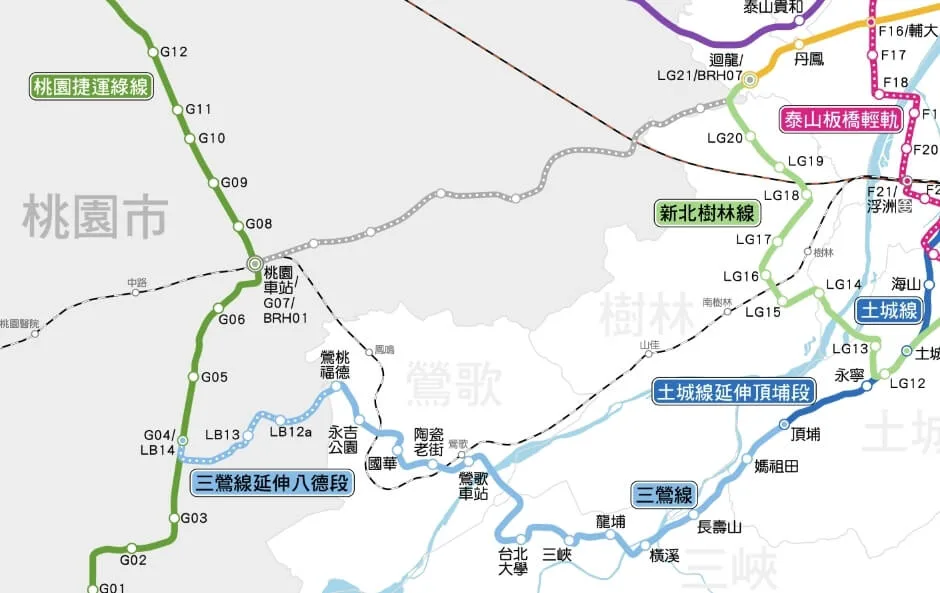 新北捷運三鶯線分別連接台北捷運板南線與桃園捷運綠線。翻攝自 新北捷運局管網