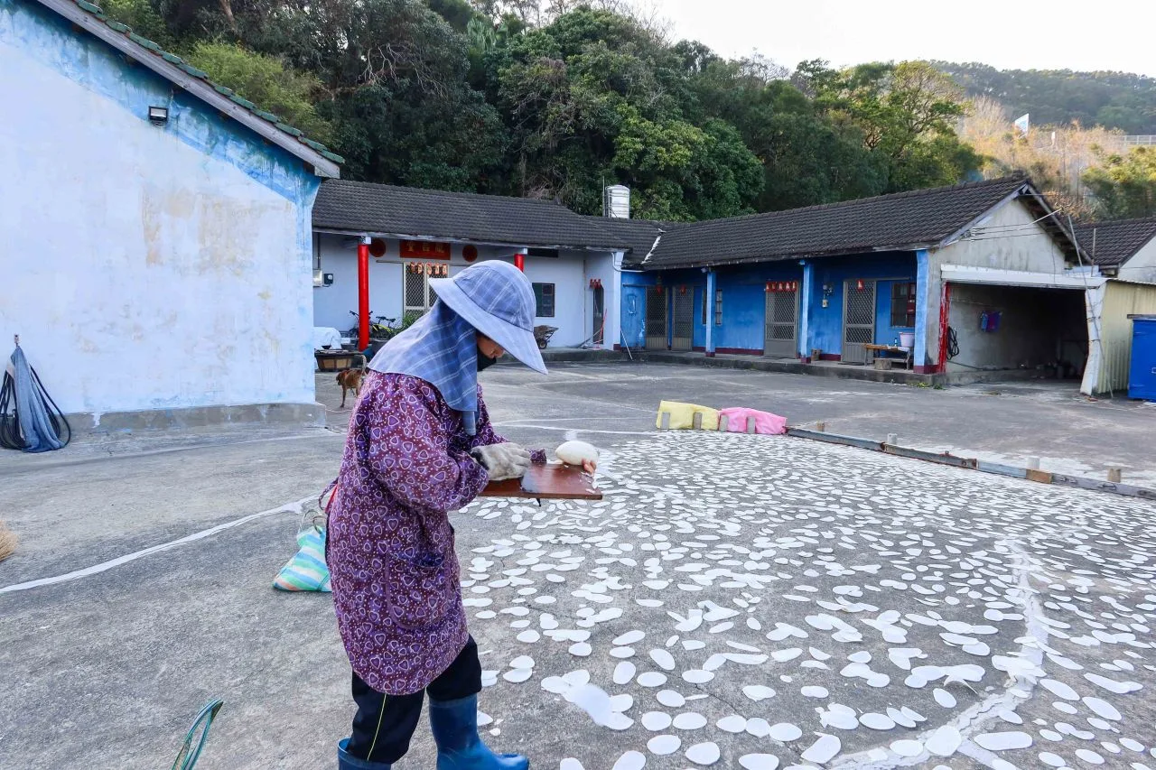 西湖鄉婦女在家中禾埕邊刷邊晒蘿蔔錢,手法俐落。何來美攝