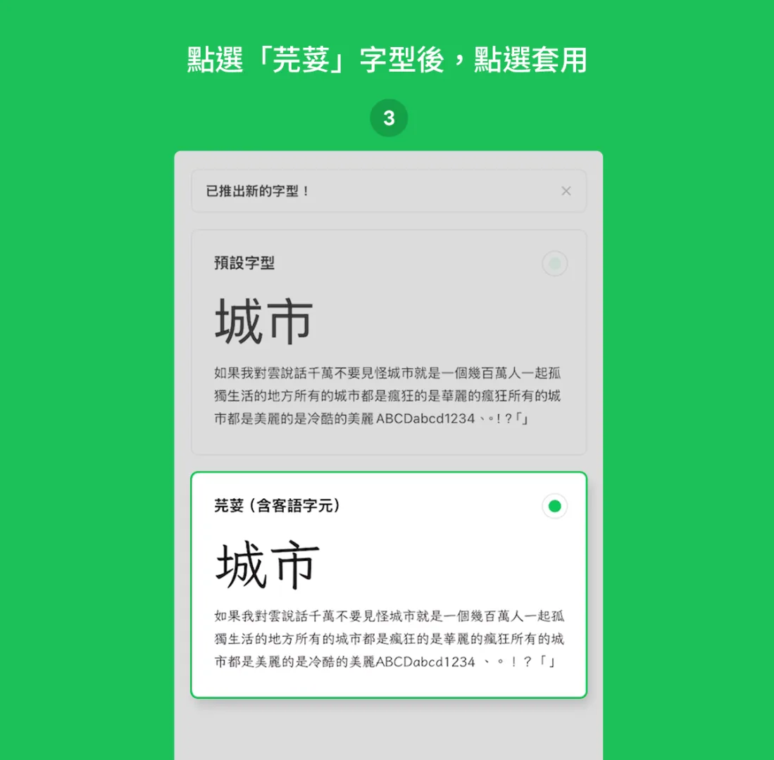 選擇「芫荽」字型後,點選「套用」。翻攝自LINE台灣官方BLOG