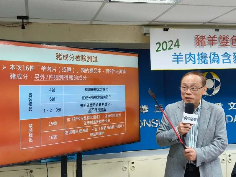 消費者文教基金會召開記者會,隨機購買16件羊肉產品,結果有7件測出豬成分。消基會提供
