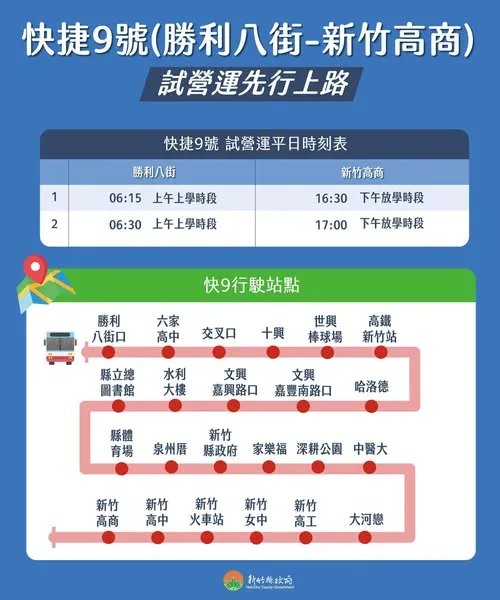 竹縣快捷9號公車停靠站與發車資訊。