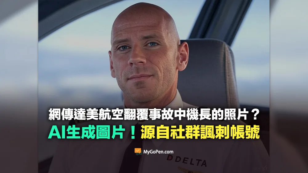 【錯誤】網傳達美航空翻覆事故的機長照片？AI生成圖片！貼文源自X平台諷刺帳號