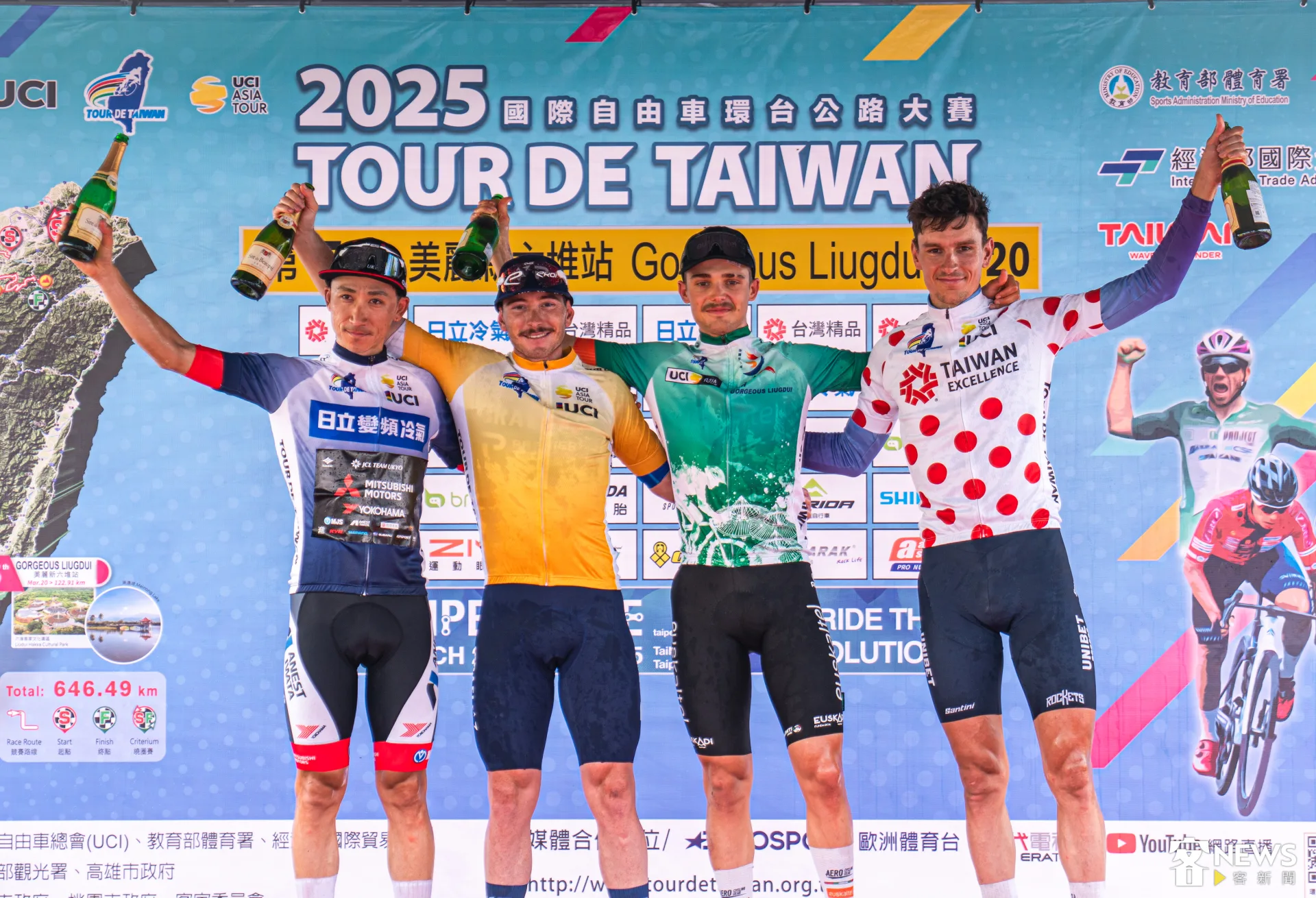 亞洲籃衫、黃衫、綠衫與紅點衫選手合影。朱愷元攝