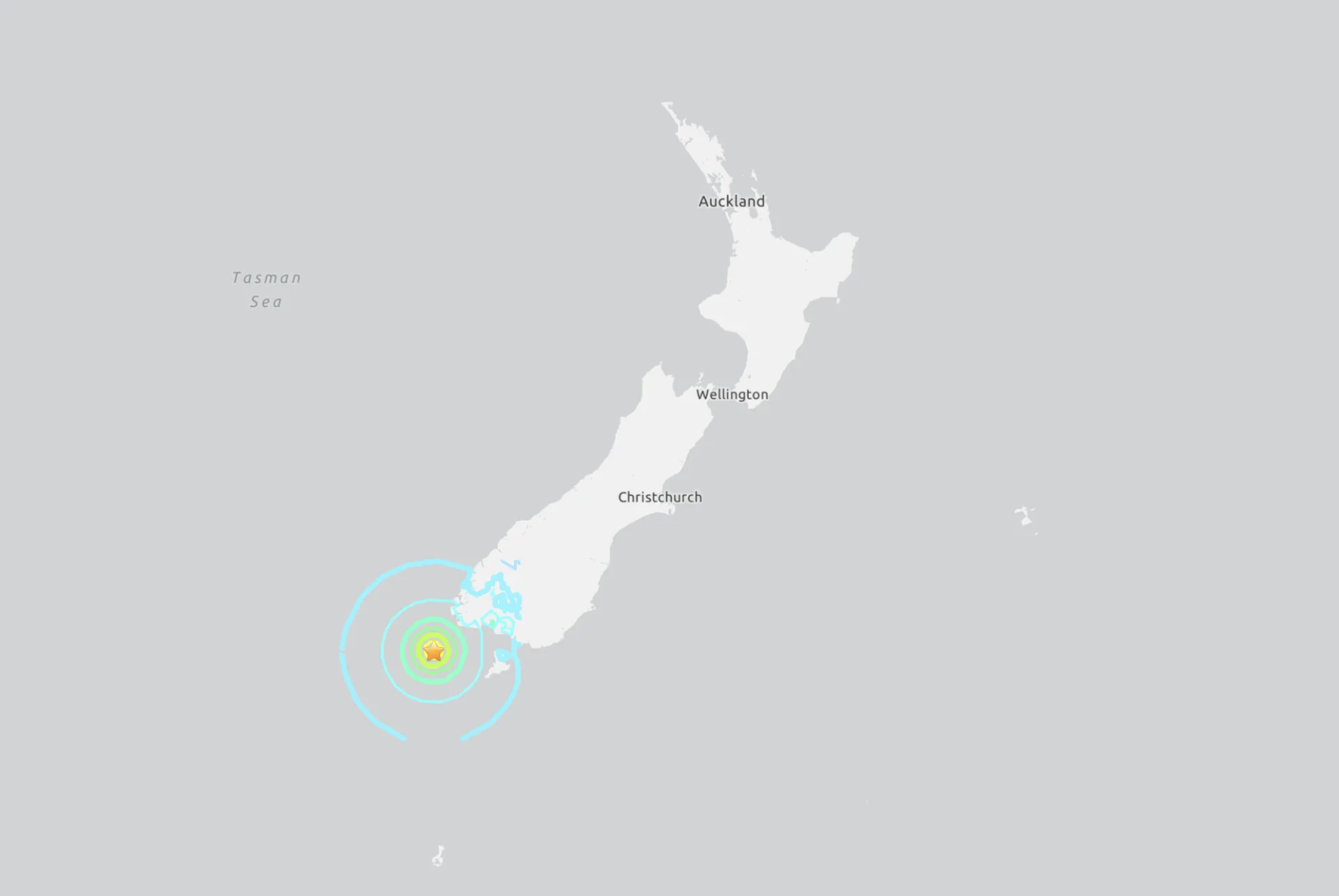 紐西蘭南島外海發生規模6.7地震，恰好為台灣時間上午9點43分。取自美國地質調查所USGS 官網