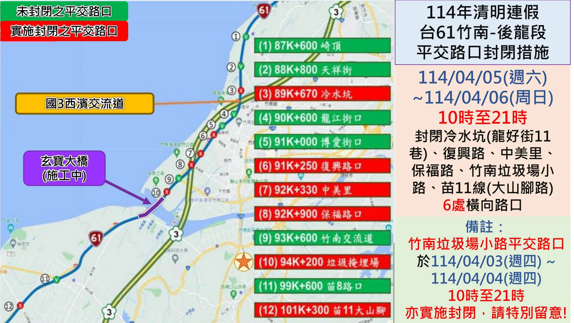 清明連假台61線竹南-後龍段　交管措施一次看