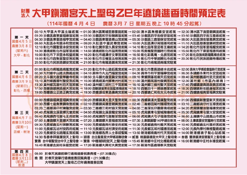 大甲媽祖繞境進香時間表。大甲鎮瀾宮提供