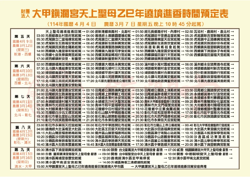 大甲媽祖繞境進香時間表。大甲鎮瀾宮提供