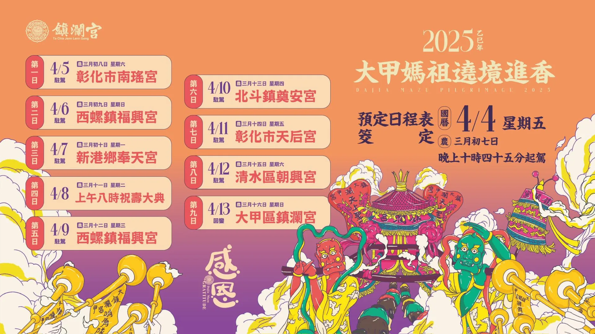 大甲媽祖繞境進香日程表。取自大甲鎮瀾宮臉書