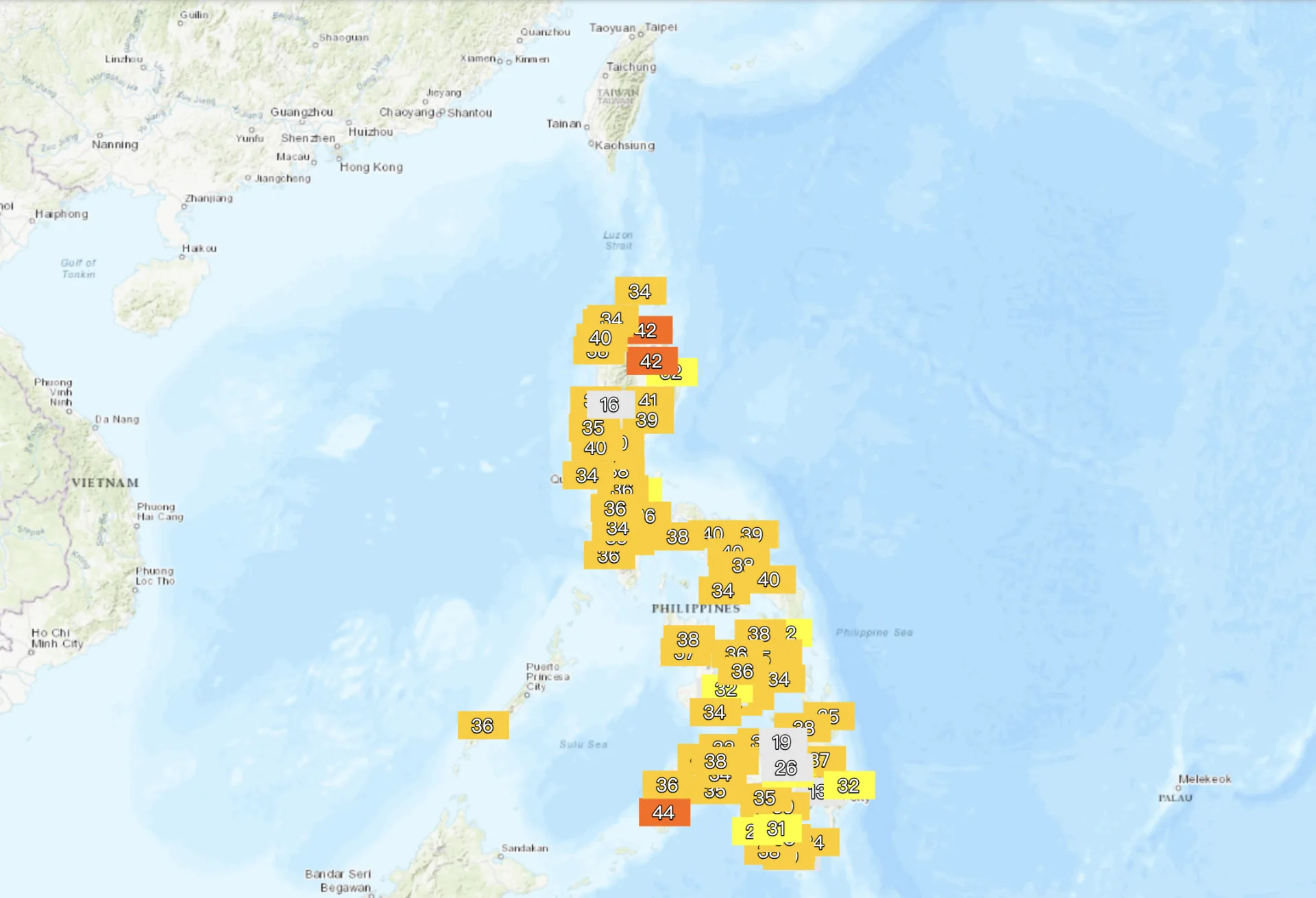 菲律賓的自動監測酷熱指數（Heat Index）。翻攝自菲律賓氣象局