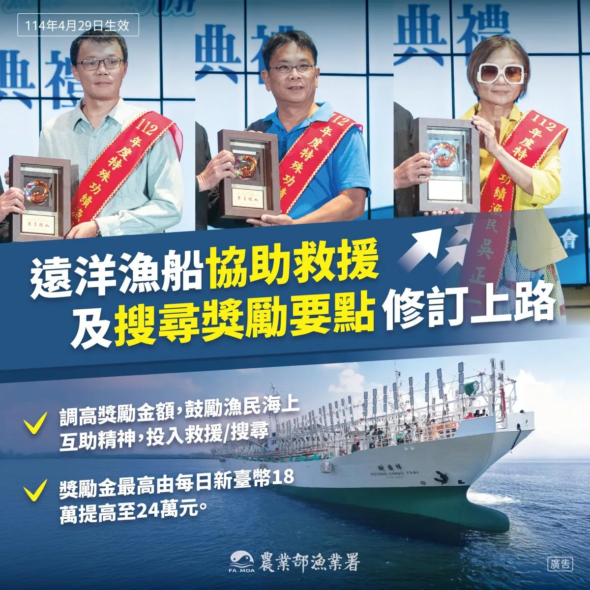 鼓勵遠洋漁船急難救援　獎勵金最高每日24萬元
