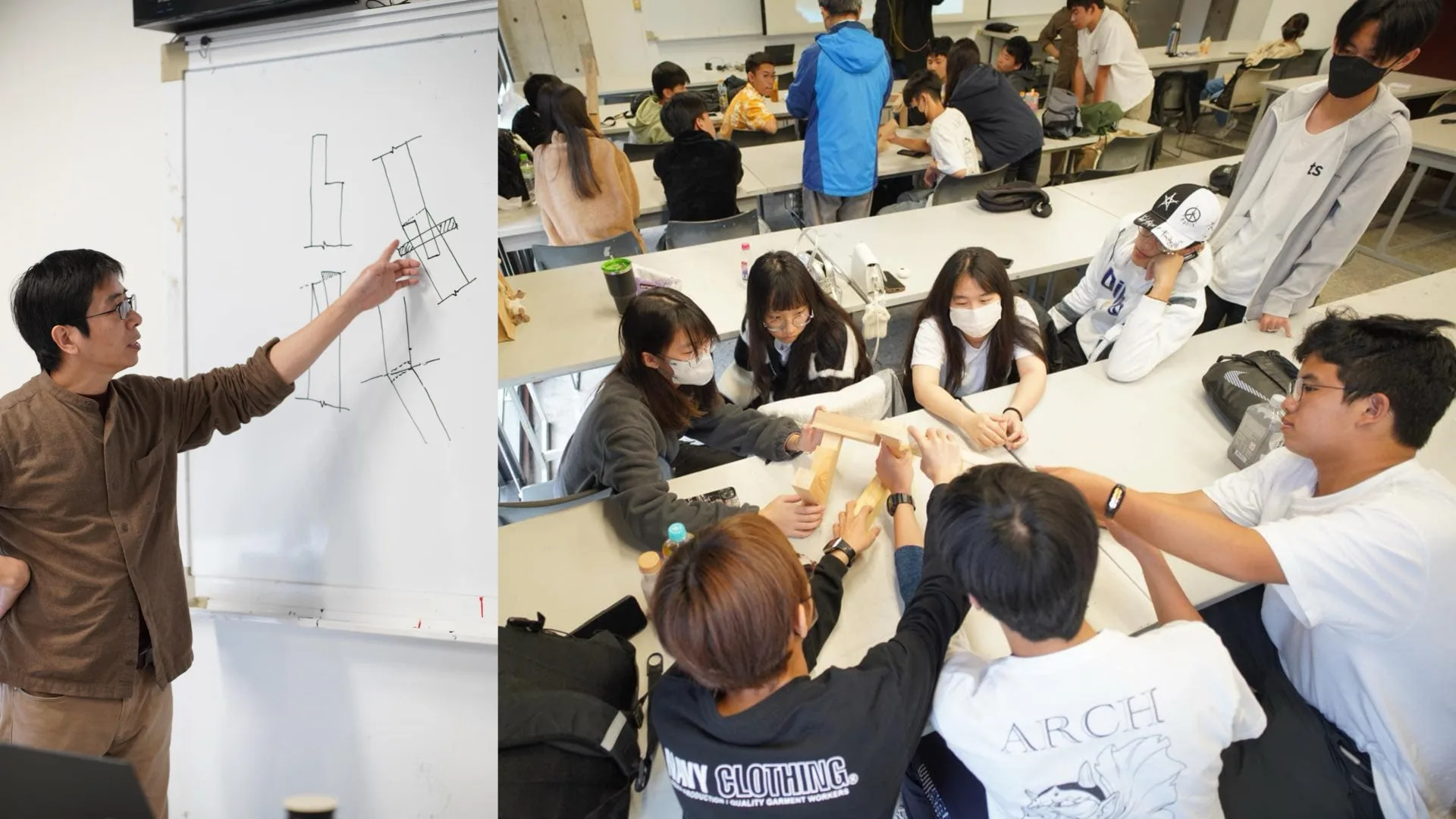 透過台三線藝術季學校媒合，東勢高工建築科學生與第二屆浪漫台三線藝術季《米蝦亭》創作者蕭有志老師學習「簡易萬用木作榫接」工法與美學結構。大茅埔調查團提供
