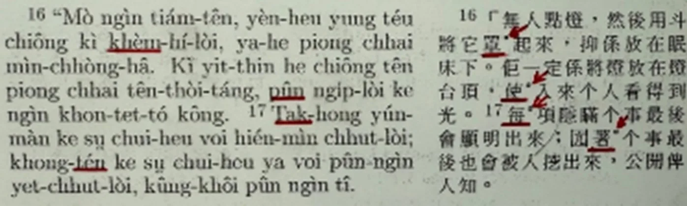 右邊四個漢字下加底線，有「。」於字的右上角，不讀類似「國語」的音，漢字只是取其義，要讀客家音，讀如左邊羅馬字畫底線者。朱真一提供