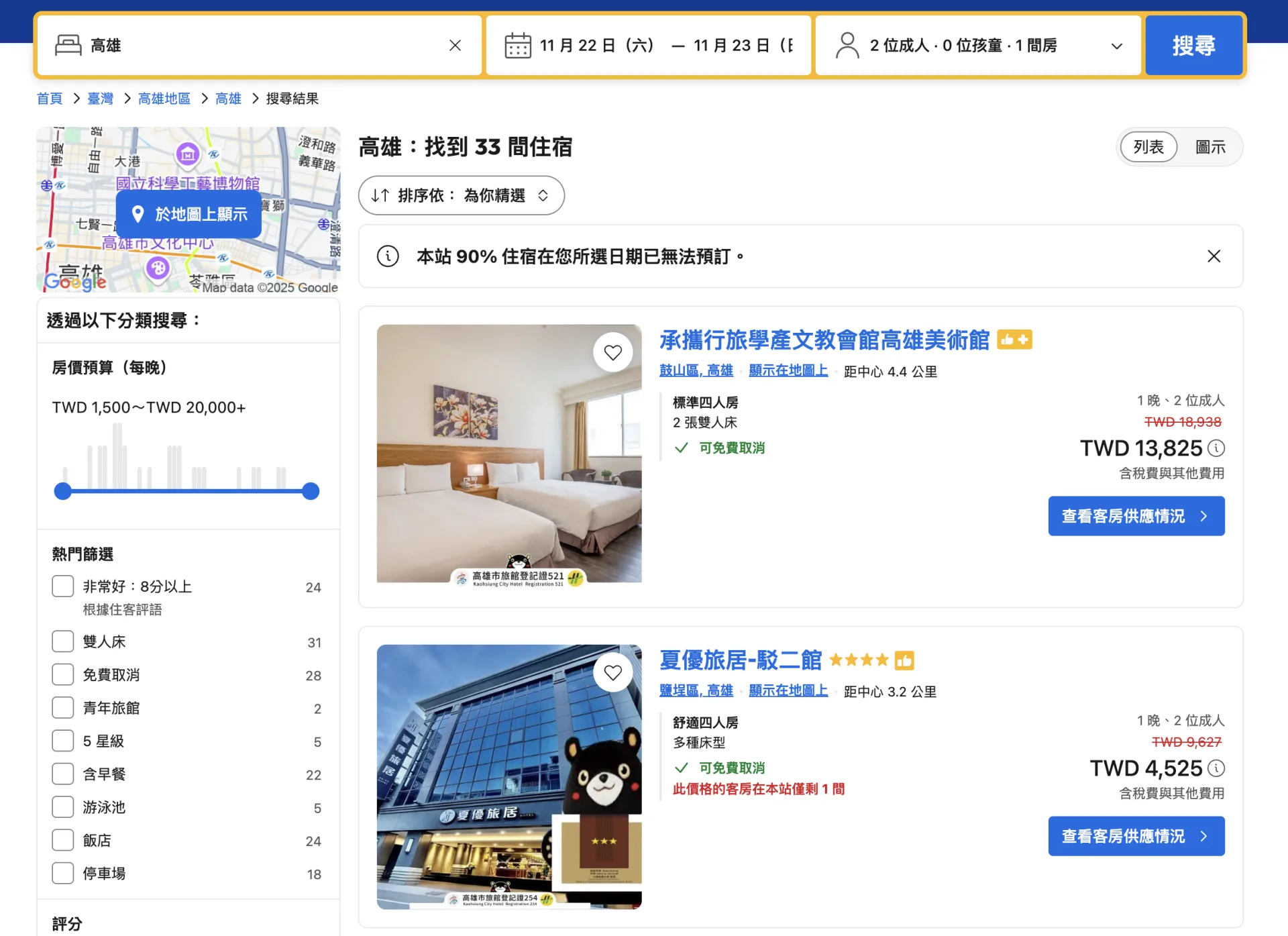 打開訂房網站可見，高雄周邊住宿價格明顯上漲，剩餘房間有限。翻攝自訂房網站