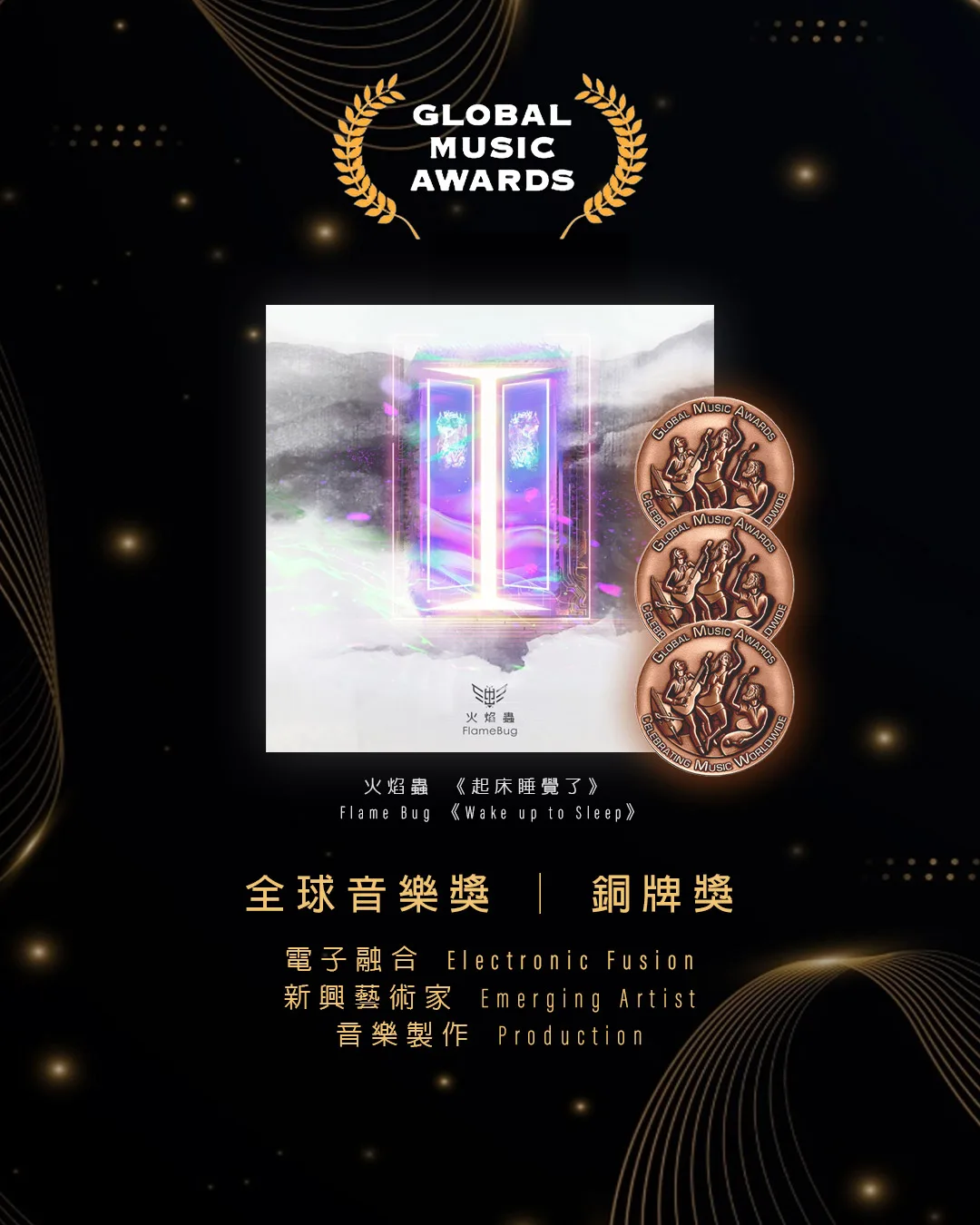 客語電音樂團—火焰蟲 Flame Bug,以專輯《起床睡覺了 Wake up to Sleep》勇奪美國全球音樂獎(Global Music Awards)3項銅獎。翻攝自火焰蟲樂團 臉書