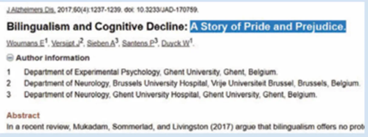 Bilingualism and Cognitive Decline: A Story of Pride and Prejudice的刊頭部分。 藍色背景的部分，是爲强調而加上。朱真一提供