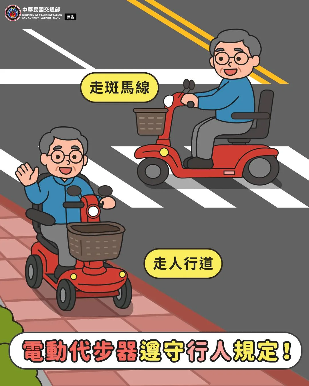 電動代步車(電動代步器),雖有車一字,但它不是「車」,而是被視為「行人」,須遵守其規定。交通部提供