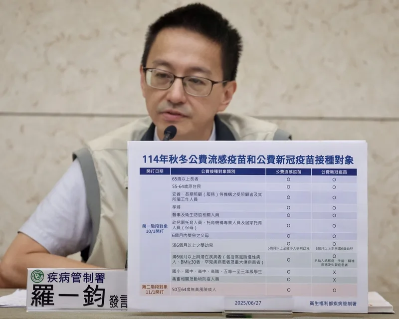 疾管署副署長暨發言人羅一鈞（圖）27日說明，2025年秋冬，6歲至49歲無高風險民眾，不再列為公費新冠疫苗接種對象。中央社