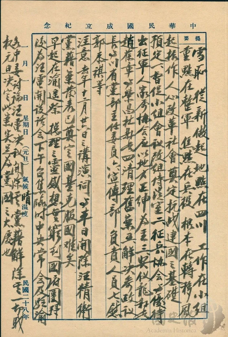 蔣中正日記原本民國28年(1939年)1月1日之記事,討論汪兆銘電決議開除其黨藉(籍)解除其一切職權