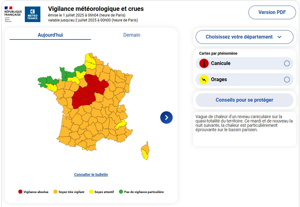 法國法國氣象局（Meteo France）預估國內氣溫今天將達到高峰，有16省發布最高等級的極端高溫警示。番攝法國氣象局