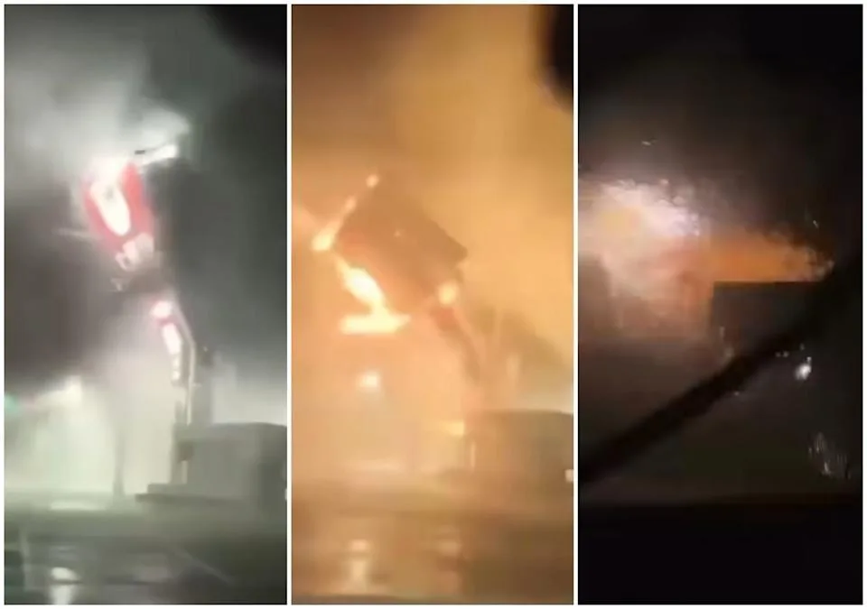 台南佳里大潤發的招牌瞬間被強風吹斷，爆炸狂冒火花。翻攝自台南式 Tainan Style FB