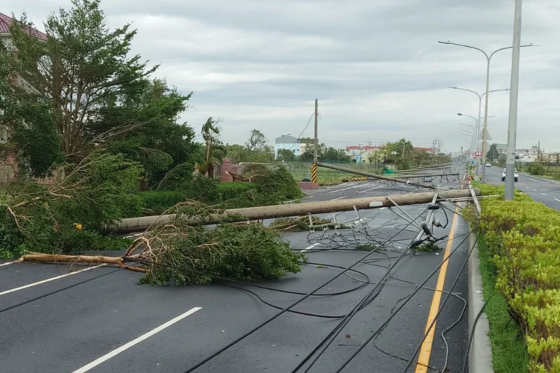 颱風丹娜絲對台南造成災害,沿海地區陣風最強達16級,學甲區一整排路旁電桿傾倒,造成附近地區停電。中央社