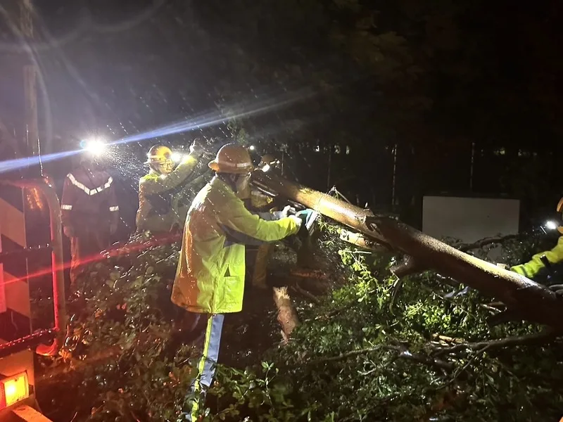 颱風丹娜絲造成高雄市多區停電，台灣電力公司高雄區營業處人員6日晚間冒雨持續搶修。台電高雄區處提供