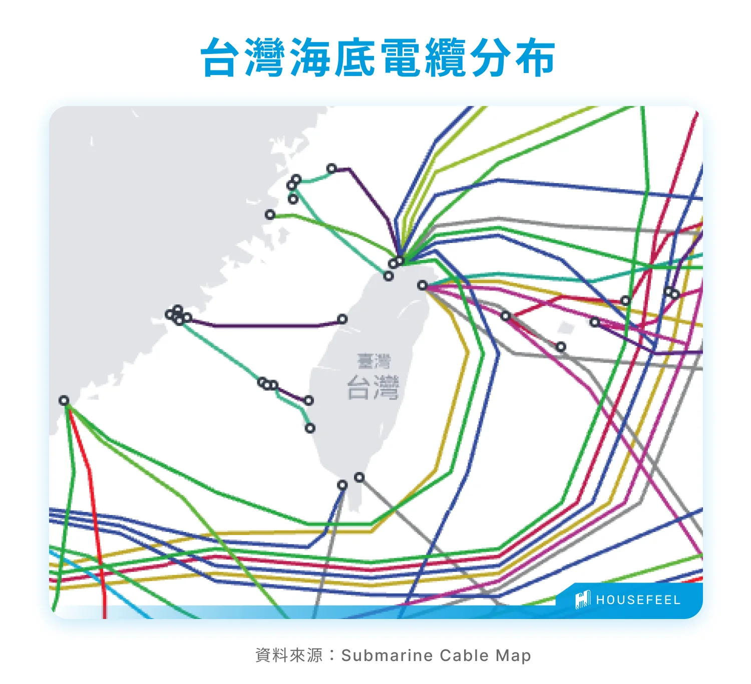 台灣海底電纜分布圖。翻攝自submarine cable map