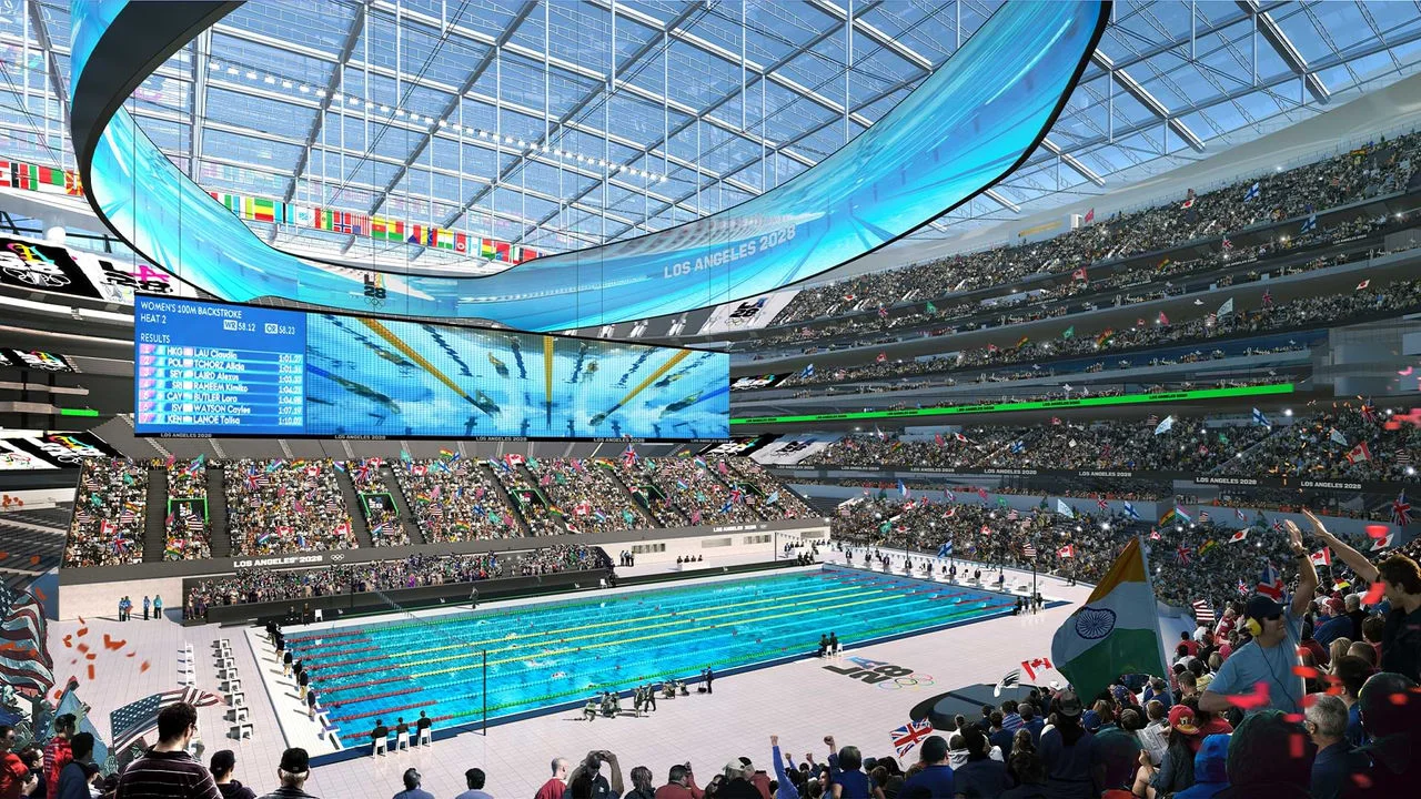 「2028體育場」即美式足球公羊隊主場「SoFi體育場」（SoFi Stadium）。奧運期間改稱「2028體育場」。翻攝自LA28