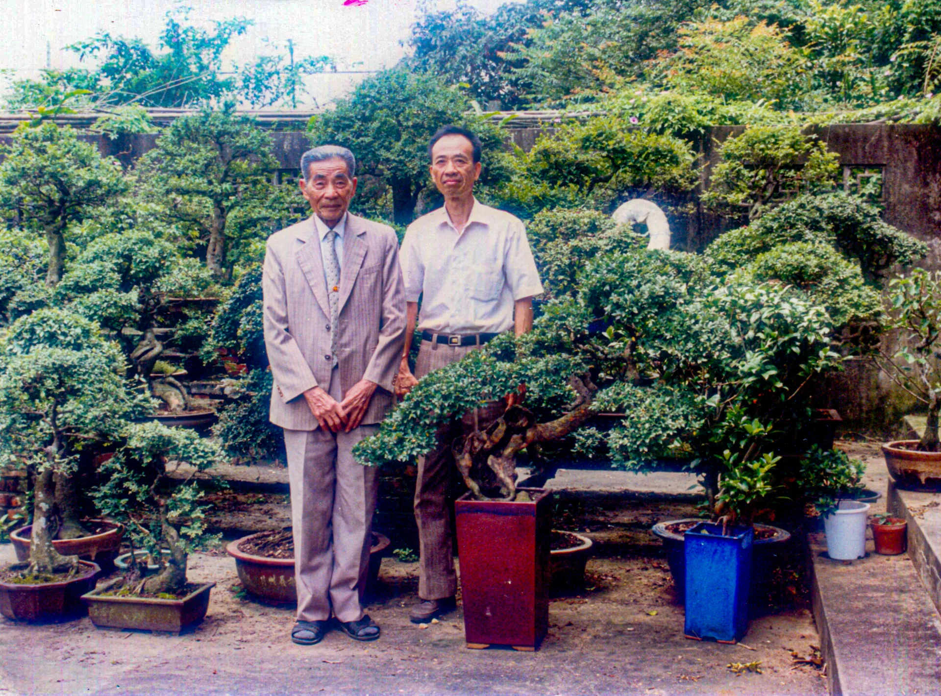 賴江質（左）1980年代初撰寫《苗栗竹枝詞》，圖為他晚年與長子賴松峰在家中庭院合影。何來美攝