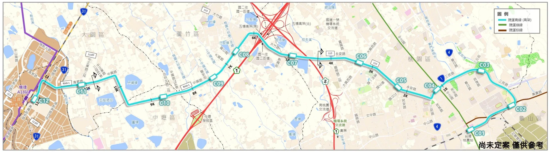 桃園捷運青線路線規劃（未定案）。桃園市政府捷運工程局提供
