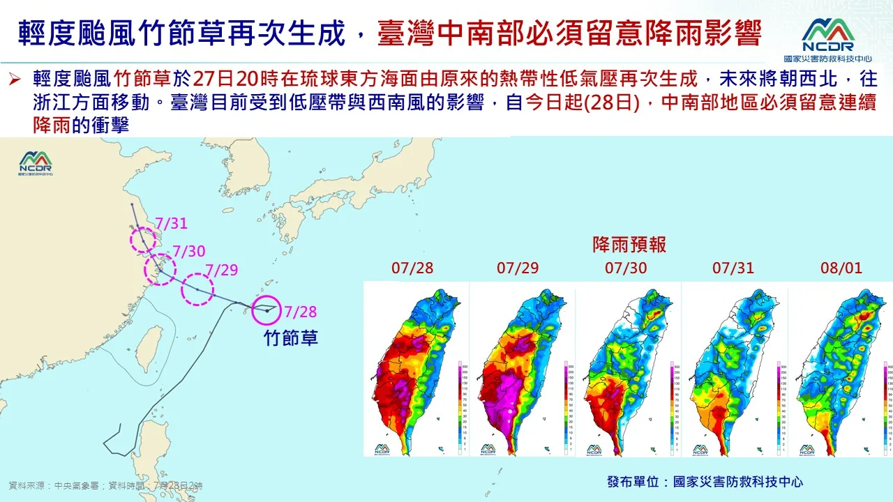 輕颱竹節草再度生成，中南部須留意降雨。國家災害防救科技中心提供