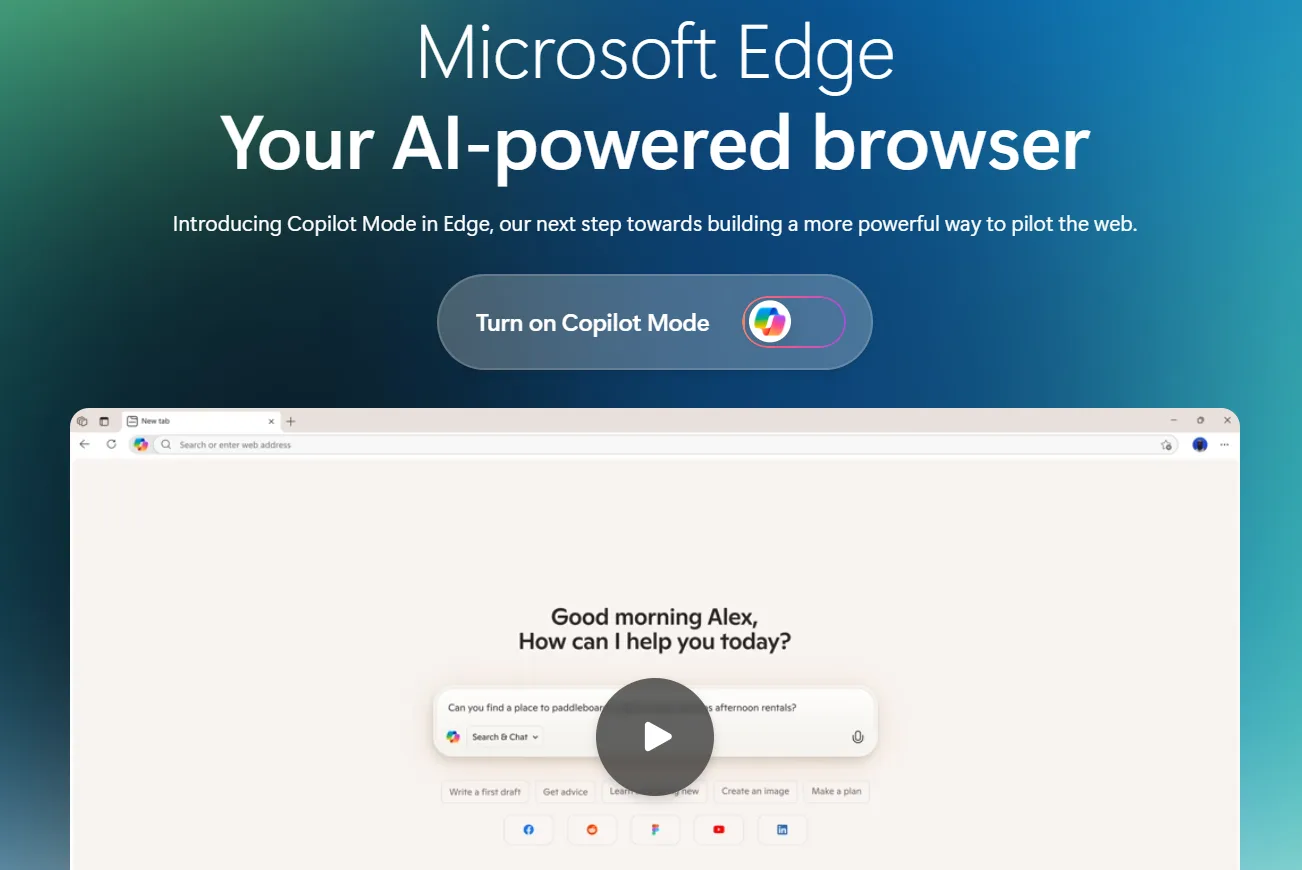 微軟宣布在EDGE瀏覽器推出Copilot模式 支援AI搜尋功能。翻攝畫面