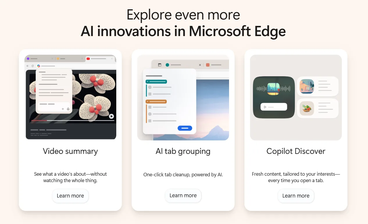 微軟宣布在EDGE瀏覽器推出Copilot模式 支援AI搜尋功能。翻攝畫面