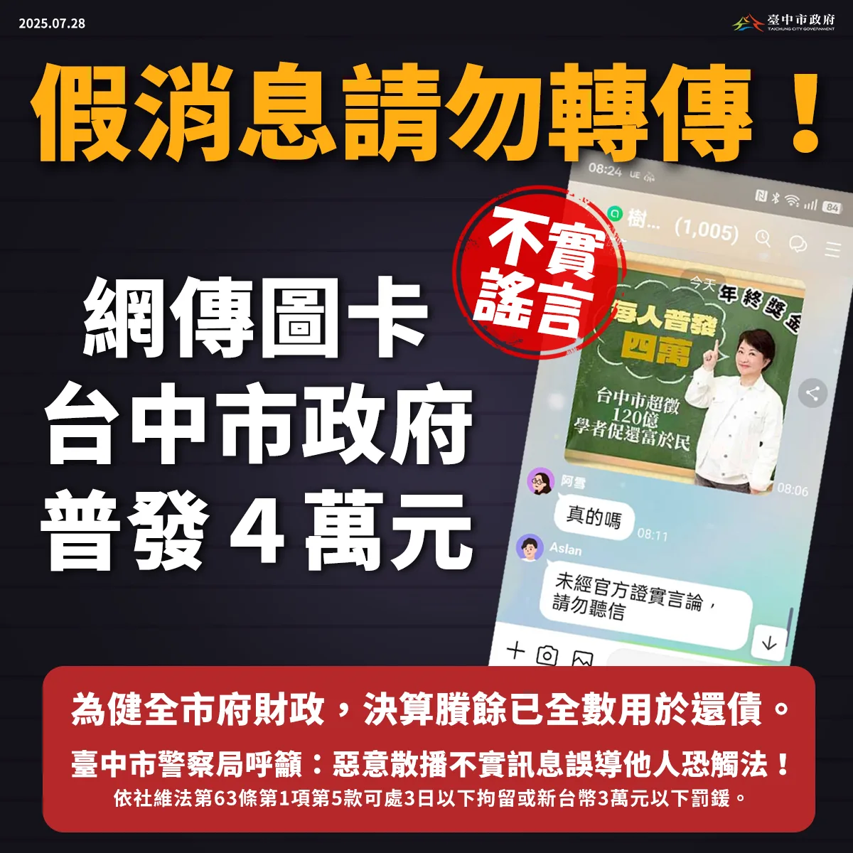 中市府：網傳普發4萬元圖卡為假訊息　報警處理