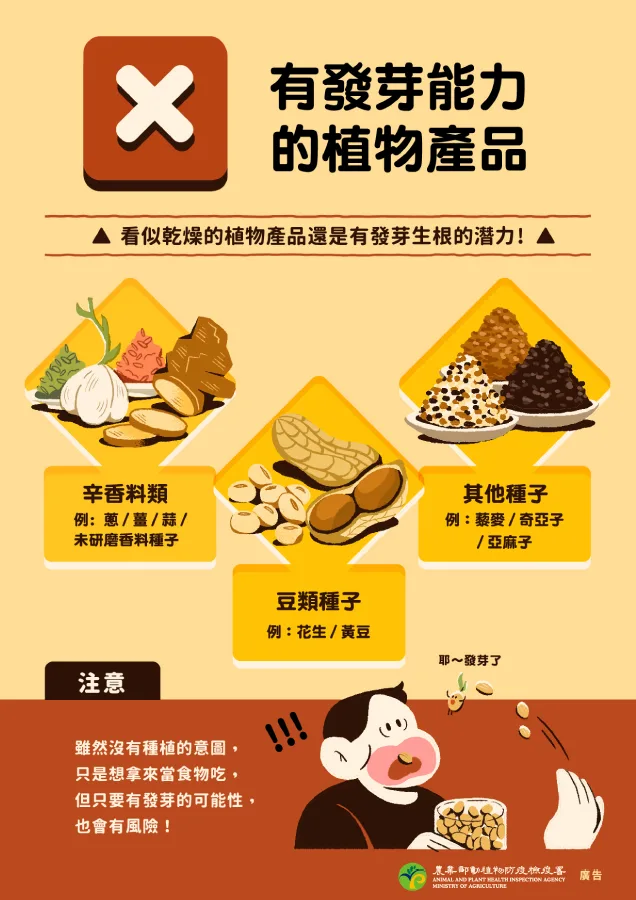 旅客（含託運行李）以下5種類均不得攜帶。農業部動植物防疫檢疫署提供