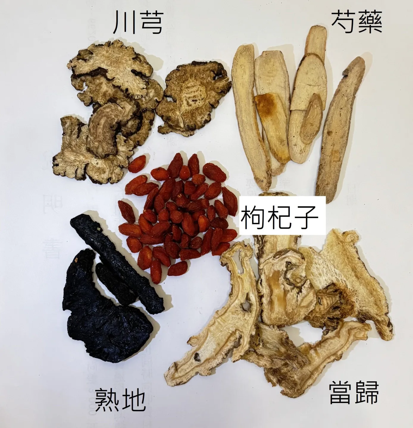 加味四物湯藥材主要成分。北市聯醫林森中醫昆明院區提供