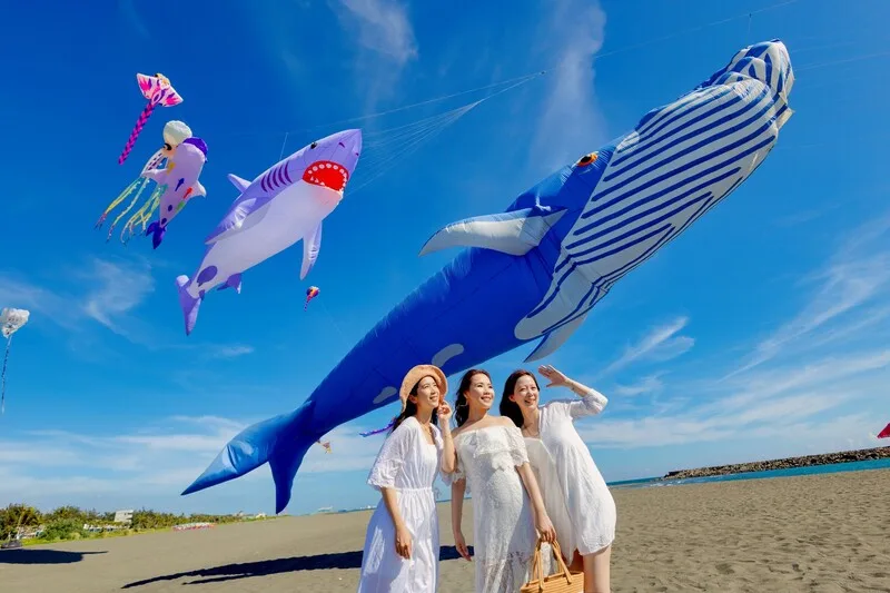 「2025旗津風箏節暨氣墊水樂園」有各式風箏展演,歡迎大家搭乘渡輪前往。高雄市觀光局提供