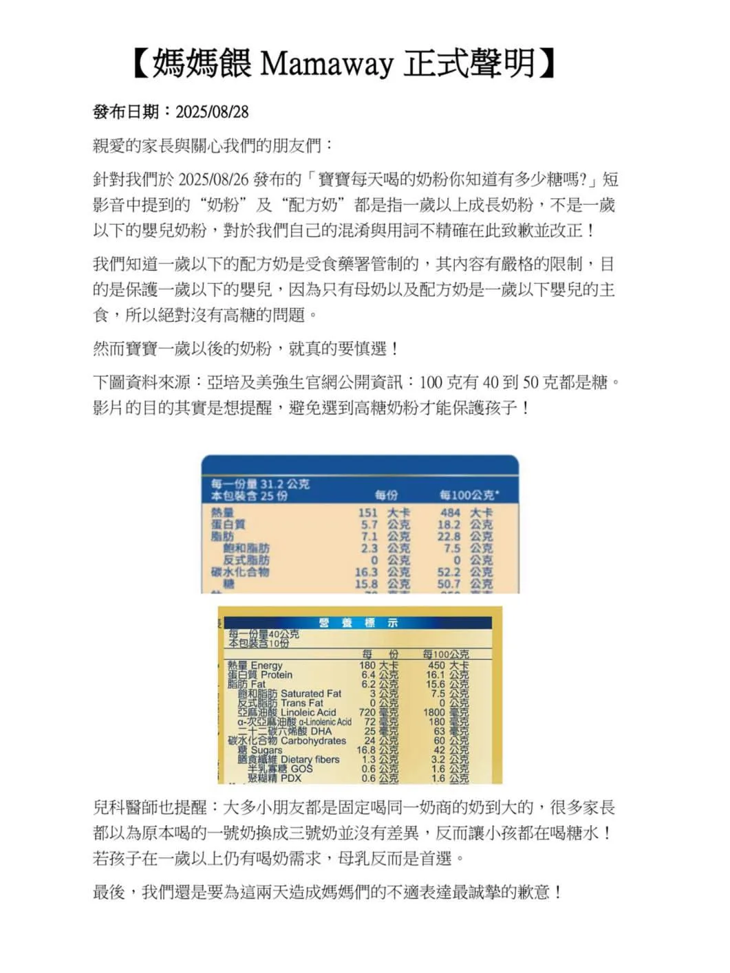 「媽媽餵 Mamaway」也在昨（28）天晚間發布正式聲明道歉，承認用詞不精確造成混淆。翻攝自媽媽餵 Mamaway 臉書