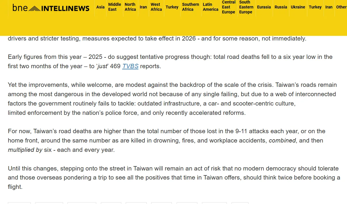 德國媒體bne IntelliNews指台灣每年交通死亡人數比美國911恐攻死亡人數還多。